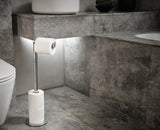 Luxe 2in1 Toilet Roll Stand by Joseph Joseph in polished stainless steel, holding 1 roll on dispenser and 3 for storage.