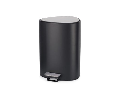 Sleek matte black 5L pedal bin by Joseph Joseph with soft-close lid, removable inner bucket, and rear pocket for liners.