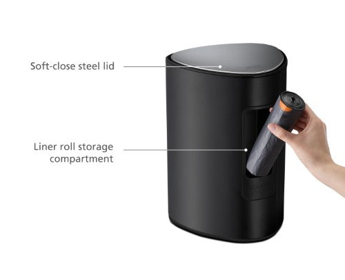 Easystore 5L Pedal Bin in matte black with soft-close lid, removable bucket, and rear pocket for liners, perfect for small spaces.