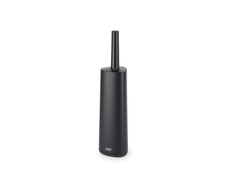 Sleek black toilet brush with flexible triple-action head and smart storage holder for efficient, hygienic cleaning.