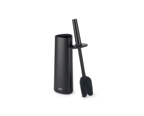 Sleek black toilet brush with a flexible triple-action head, anti-drip design, and modern storage holder for efficient cleaning.