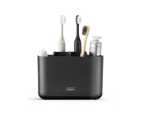 Sleek black toothbrush caddy with multiple compartments for organized storage, easy cleaning, and quick drying ventilation.