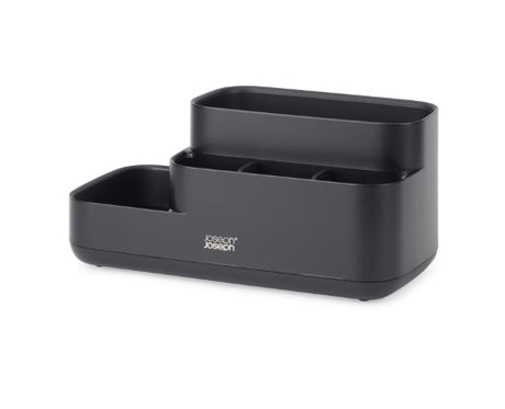 Stylish black bathroom caddy by Joseph Joseph featuring divided compartments, non-slip base, and easy-to-clean matte finish.