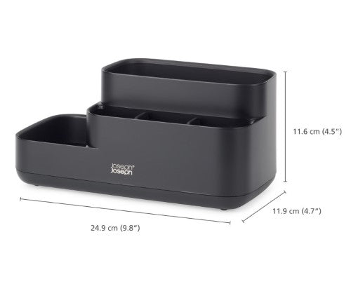 Stylish black bathroom caddy by Joseph Joseph with divided compartments for organized storage of grooming essentials.