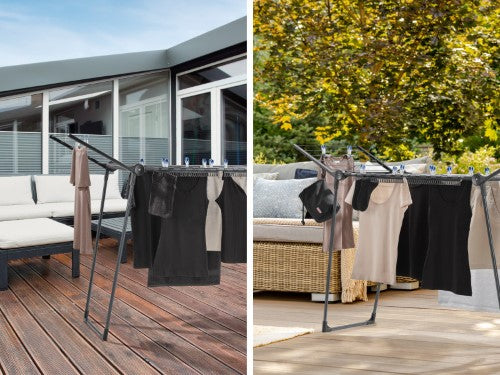Standing dryer Pegasus 150 Solid Slim Black by Leifheit, compact design with 15m drying space, ideal for small spaces.