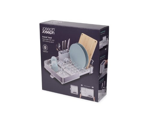 Stylish Joseph Joseph Extend Dish Rack in stainless steel, featuring adjustable size, knife slots, and a drainage spout for efficient drying.