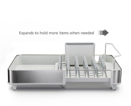 Stainless steel dish rack with adjustable sliding tray, non-scratch prongs, and movable cutlery drainer for efficient drying.