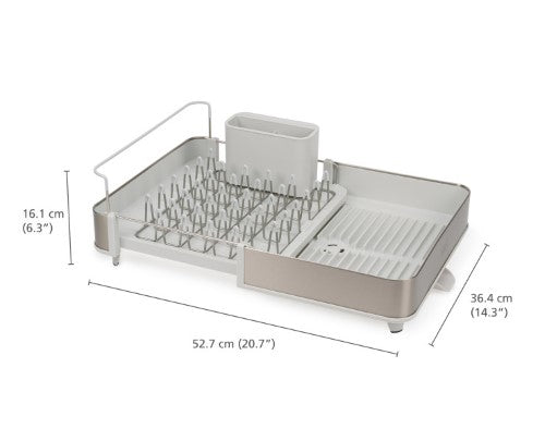 Extend Dish Rack in stainless steel, featuring adjustable tray, non-scratch prongs, and optimized water drainage for kitchen organization.