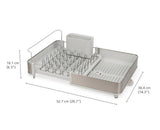 Extend Dish Rack in stainless steel, featuring adjustable tray, non-scratch prongs, and optimized water drainage for kitchen organization.