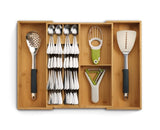 Bamboo drawer organiser with five compartments for cutlery and two for gadgets, featuring expandable sides for versatile storage.