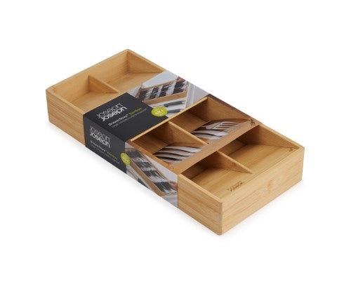 Bamboo cutlery organizer with overlapping compartments, eco-friendly design, and non-slip feet for efficient kitchen storage.