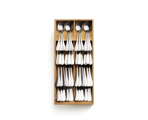 Bamboo cutlery organizer with overlapping compartments, non-slip feet, and icons for easy cutlery identification.