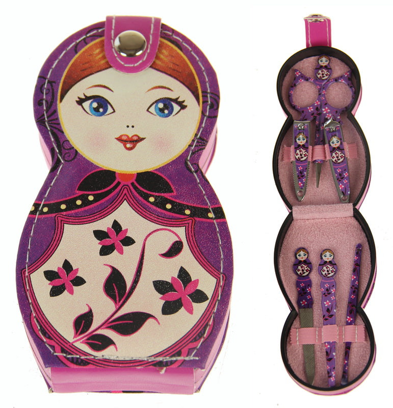 Babushka Doll Manicure Set featuring vibrant doll designs, ideal for stylish nail care at home or on the go.