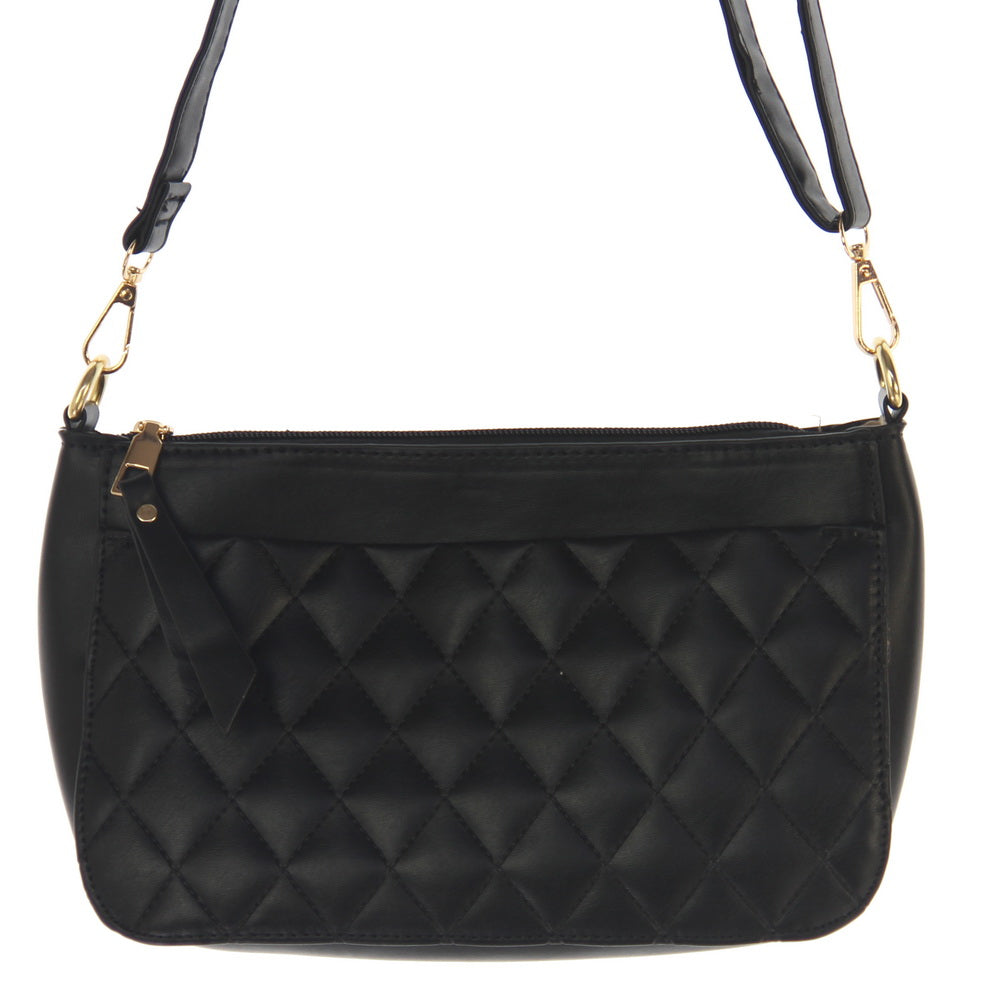 Chic black handbag with quilted front, spacious beige-lined interior, and secure back zipper pocket for valuables.