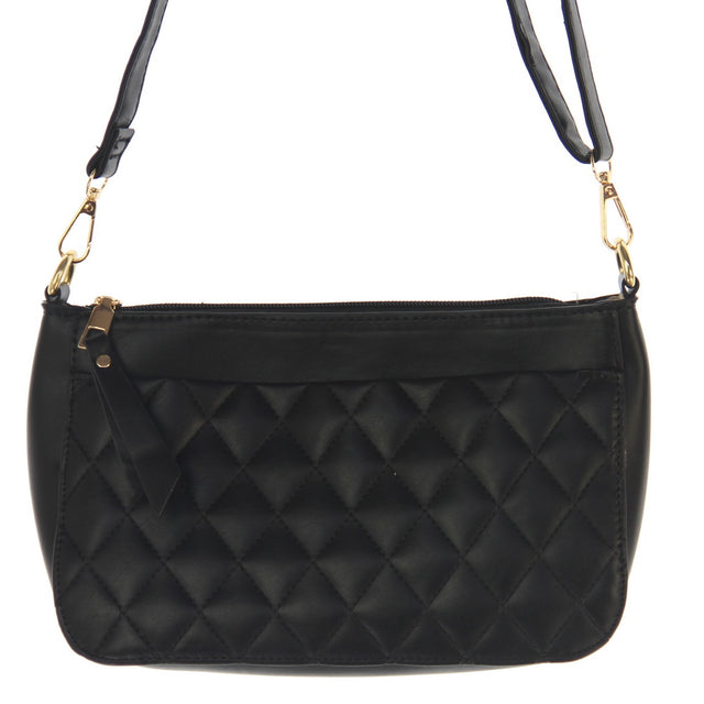 Chic black handbag with quilted front, spacious beige-lined interior, and secure back zipper pocket for valuables.