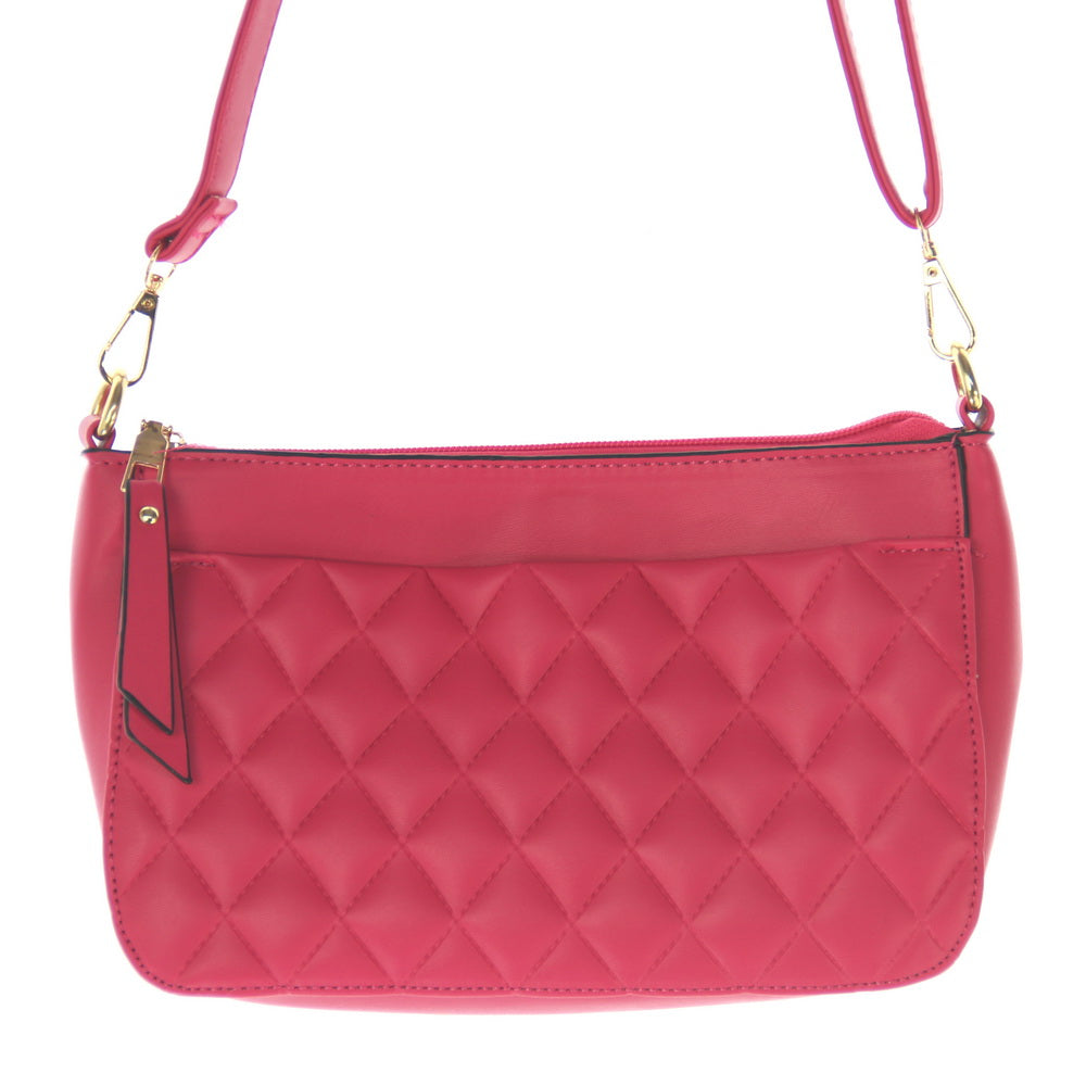 Stylish pink handbag with a quilted front panel, chic beige lining, spacious interior, and convenient backside zipper pocket.