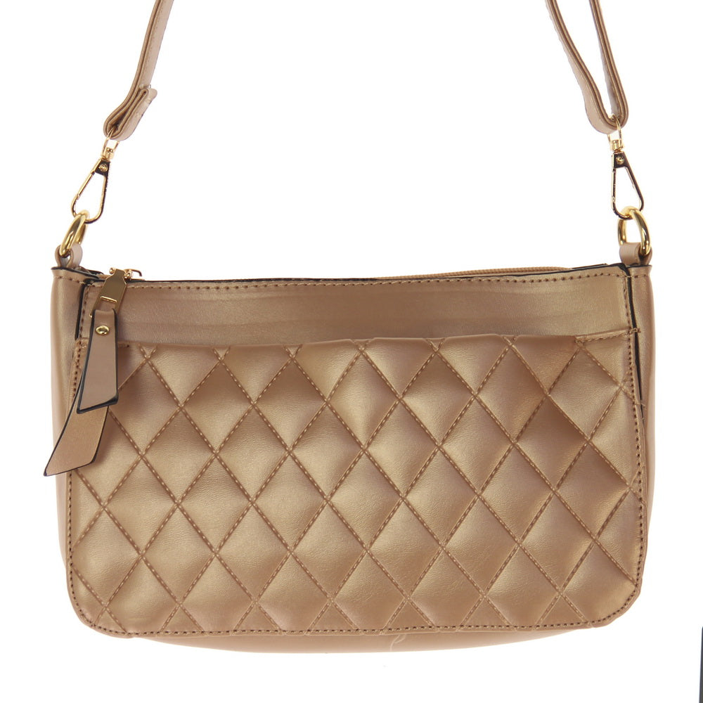 Stylish gold handbag with quilted front panel, spacious beige interior, and convenient back zipper pocket for essentials.