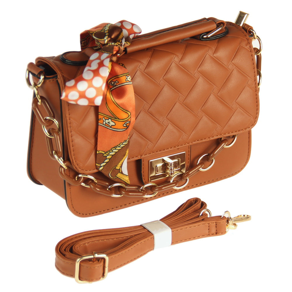 Chic CAMEL handbag with chain strap and playful scarf, perfect for stylish on-the-go women; compact yet spacious design.