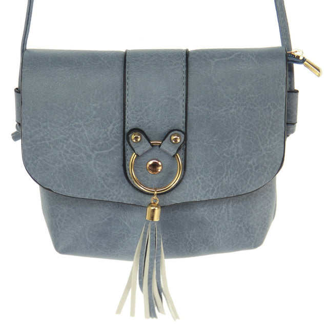 Chic denim Ring & Tassel Bag set of 2, each with secure zipper and 125cm strap, perfect for versatile styling.