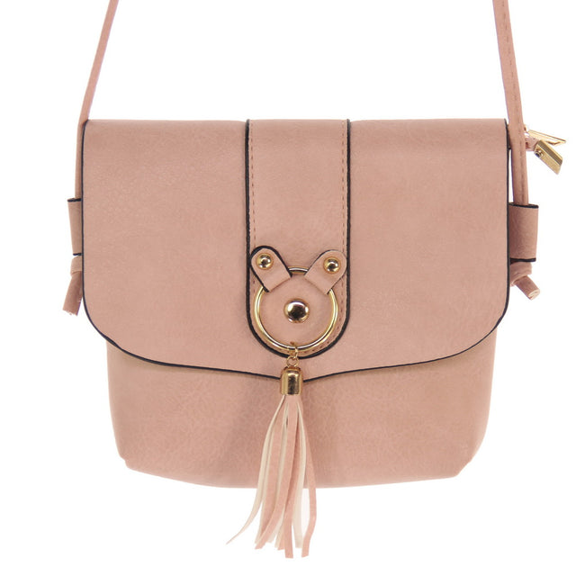 Stylish pink set of 2 Ring & Tassle Handbags, perfect for casual or formal occasions with secure zippers and versatile straps.