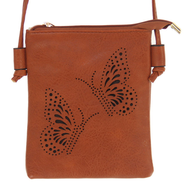 Exquisite caramel phone bags with butterfly cutouts, adjustable straps, and elegant gold hardware, perfect for modern women.