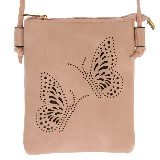 Set of 2 pink handbags featuring butterfly cutouts, 15x19cm with 130cm strap and light gold hardware.