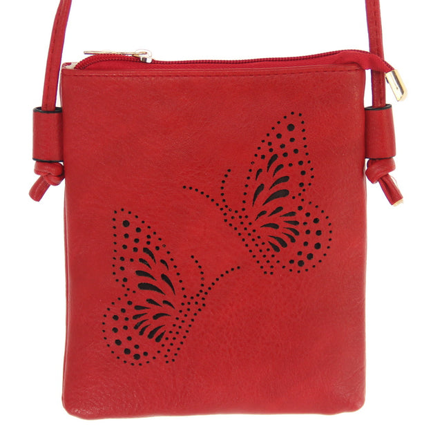 Red handbag set featuring butterfly cutouts, 130cm strap, gold hardware, and chic brown lining for stylish essentials.