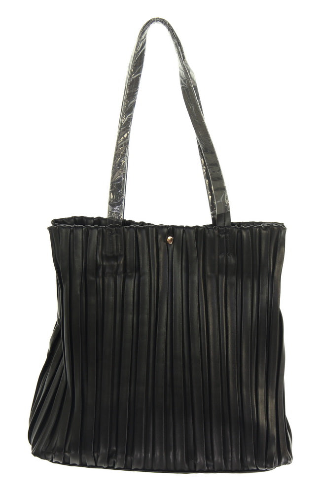 Black Vertical Pleats Tote Bag featuring elegant pleats, spacious design, and secure zipper closure for stylish functionality.