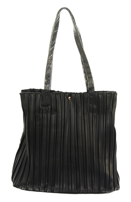 Black Vertical Pleats Tote Bag featuring elegant pleats, spacious design, and secure zipper closure for stylish functionality.