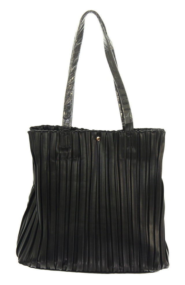 Black Vertical Pleats Tote Bag featuring elegant pleats, spacious design, and secure zipper closure for stylish functionality.
