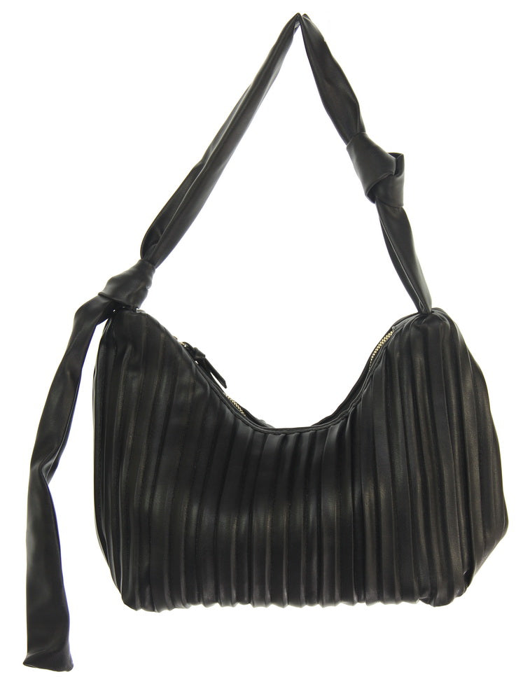 Elegant black pleated handbag with spacious interior, zipper pocket, and chic beige lining, perfect for any occasion.