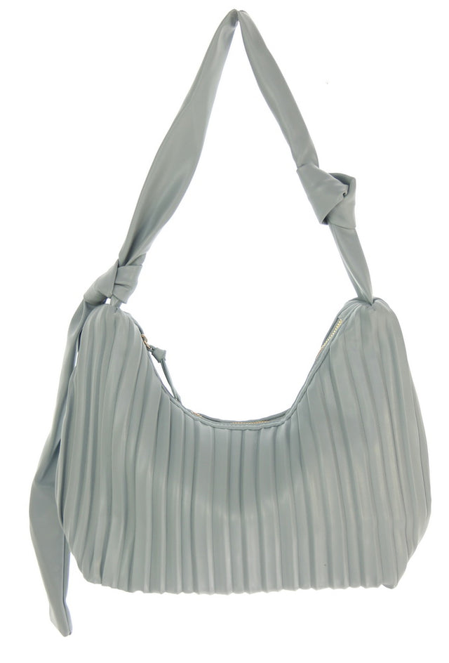 Chic denim handbag featuring a pleated design, spacious interior, and practical zipper pocket for everyday elegance.