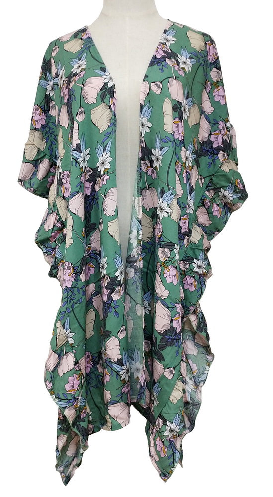 Elegant teal side ruffle cape made from soft 100% viscose, measuring 90cm wide and 90cm drop, perfect for versatile styling.
