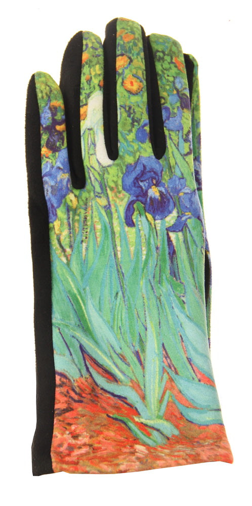Vibrant iris print fashion gloves set of 2, combining warmth and style for women’s chilly weather outfits.