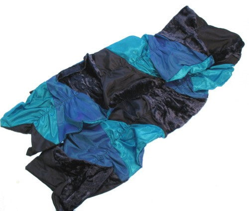Luxurious blue silk velvet scarf with unique patch design, perfect for adding elegance to any winter outfit.