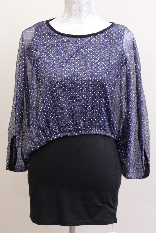 Chic navy top with silver lurex spots, perfect for day-to-night styling and flattering on all body types.