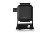 Black Sunbeam Waffle Maker with vertical design, 5 shade settings, LCD timer, and easy-fill funnel for mess-free cooking.