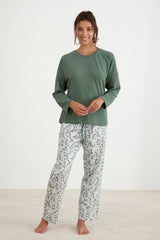 Casual green floral print PJ set with long sleeve top and elasticated waistband pants, ethically made by BAKSANA.