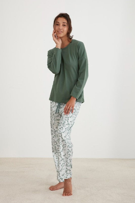 Green floral print casual PJ set featuring a long sleeve top and elastic waistband pants, ethically made by BAKSANA.