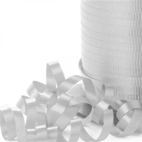 Silver curling ribbon, 450m long and 5mm wide, perfect for wrapping gifts and party decorations.