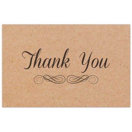 Thank you cards in brown kraft, pack of 50, measuring 10cm x 6.5cm, ideal for heartfelt messages of appreciation.