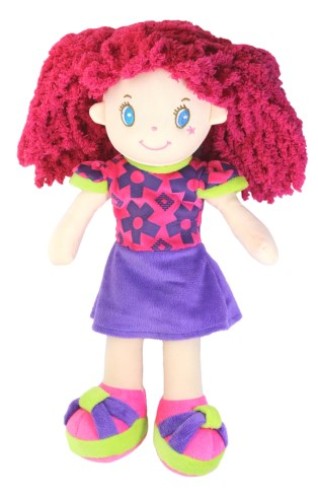 Felicity Ragdoll is a 35 cm doll with pink hair, a pink top, and a vibrant purple skirt, perfect for imaginative play.