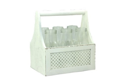 Bottles in Wooden Rack with Handle - Set of 6 (White)