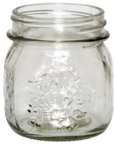 Small clear glass mason jar measuring 8 x 9 cm, ideal for storage and canning.