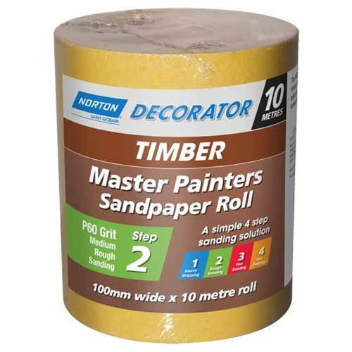 Decorator Master Painter Sand Paper 60 Grit 100mm x 10m Yellow - Norton
