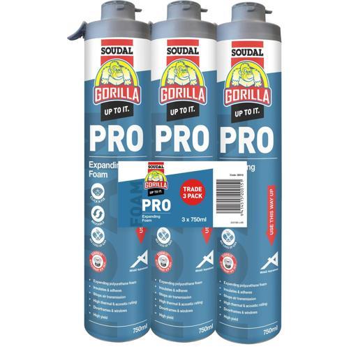 Pro Expanding Foam Click & Fix 750ml, 3 Pack Champagne - Gorilla