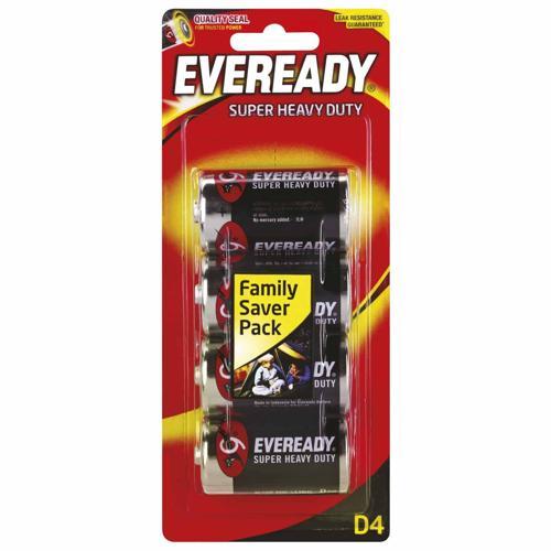Eveready Super Heavy Duty Batteries D, 4 Pack
