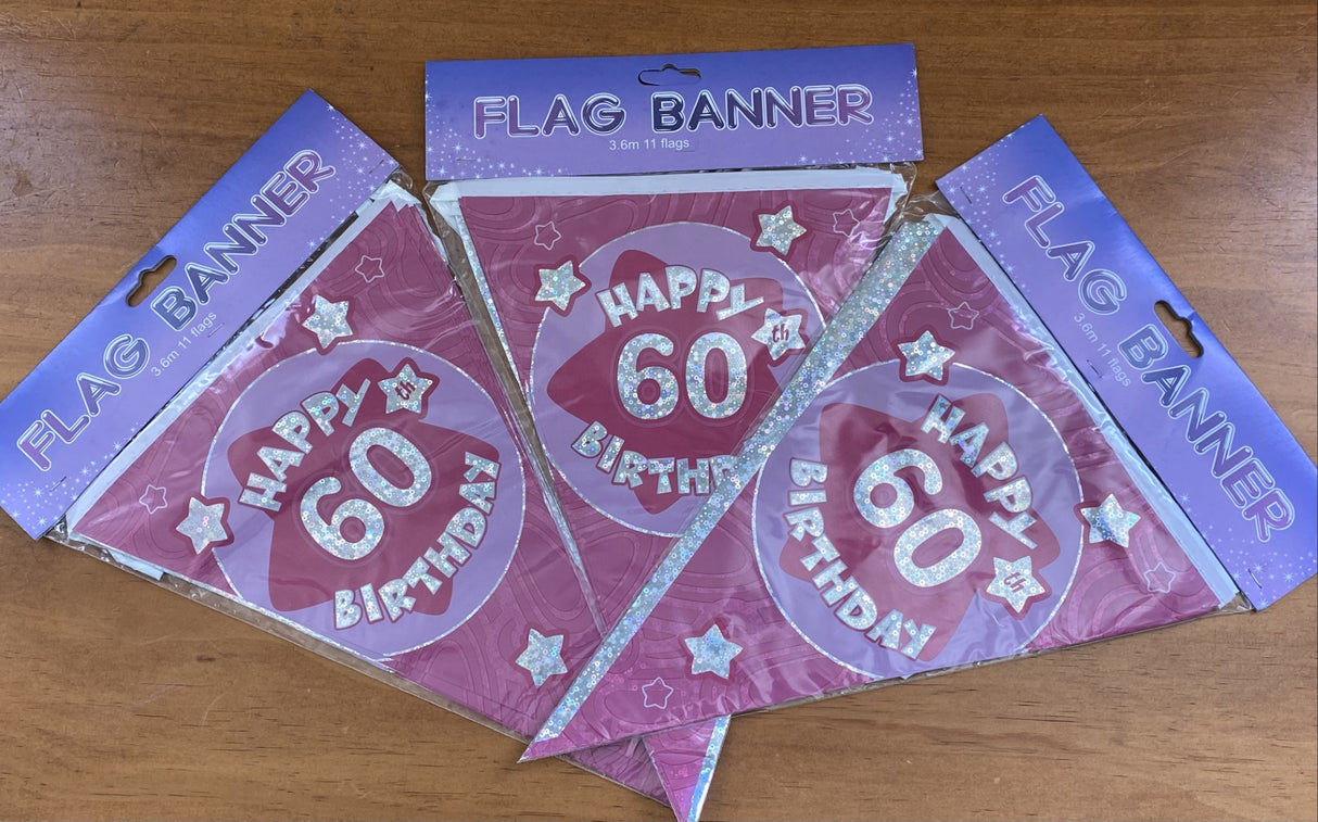 Two vibrant pink banners reading "Happy 60th Birthday," perfect for celebrating this milestone occasion in style.