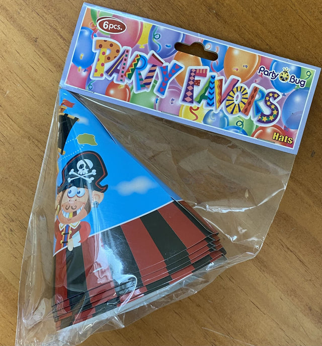 Vibrant pirate party hats for kids, featuring skull and crossbones, perfect for adventurous birthday celebrations.