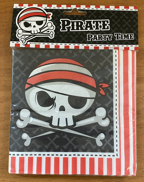 Colorful pirate-themed napkins featuring fun designs, perfect for kids' parties and festive celebrations. Pack of 15.